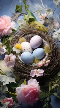 Beautiful Easter eggs in a nest amongst nature elements such as flowers and leafs in pastel colors