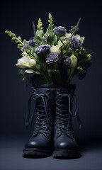 Black boots filled with flowers.Minimal creative nature and fashion advertise concept.Top view,copy space,flat lay.Generative AI