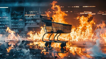 A faulty product causing public outrage and legal battles in burning shopping cart store - obrazy, fototapety, plakaty