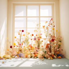 flower garden in living room.Minimal creative interior and nature concept.Copy space,top view.Generative AI