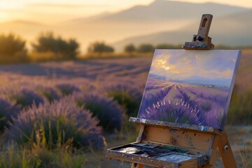 a painting of a lavender field on an easel