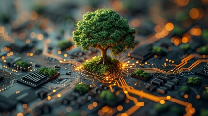 Digital green tree on computer circuit board, innovation and sustainability concept.