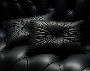 Black bed with black pillows. Dominantly black color photo.Copy  space,top view,flat lay.Minimal rest concept. Advertising bedding, pillows, and beds With an emphasis on comfort.