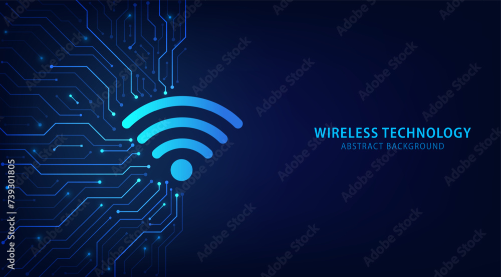 Poster wi fi futuristic technology on a blue background., wireless networking innovation concept. wifi symb