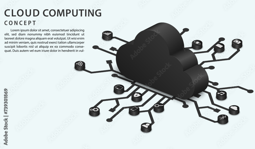 Leinwandbilder Isometric cloud technology and networking concept. Digital service or app with data transferring. Network datum servers, hosting server, database synchronize technology. Vector illustration