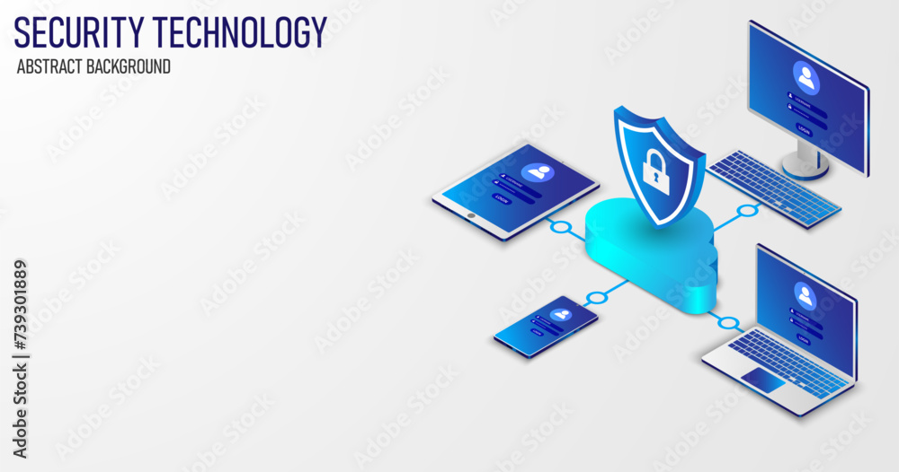 Poster Isometric network security information transfer background. Data security modern concept. A transparent shield of the computer, phone, and laptop from virus attacks and hackers. vector illustration.