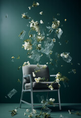 chair and  flowers and pieces of lace explosion in the room.Minimal creative interior and nature concept.Copy space,top view.Generative AI