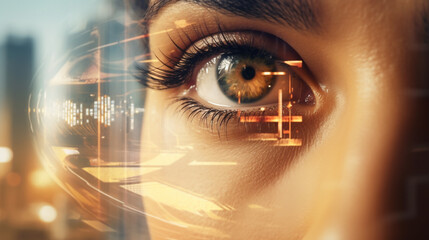 Biometric eye scanner, iris identity scanning for security identification. Futuristic cyber technology, cyberspace. Digital vision display. Closeup woman eye vision futuristic circuit. AI Generative.