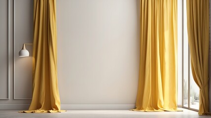 Minimalist empty white concrete wall with yellow curtains with adequate lighting, mock up template from Generative AI
