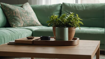 Minimalist living room with wooden coffee table near sofa close-up, light green theme colors, morning with sunlight rays from Generative AI