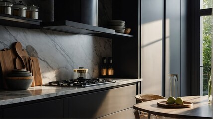 Minimalist stylish kitchen pantry with marble counter top, light black theme colors, morning with sunlight rays from Generative AI