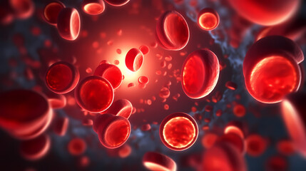 3D rendering of red blood cells in vein with depth of field - obrazy, fototapety, plakaty