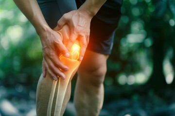 Person suffering from knee pain. Joint problems and arthritis on a dark background. Health and medical concept.
