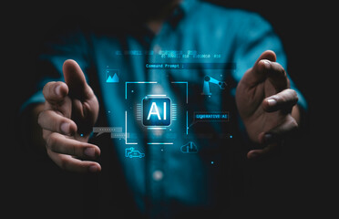 Businessman holding AI or Artificial Intelligence icon , AI is futuristic technology by input command prompt to generate include  photo animation research article.