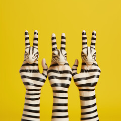 Surreal depiction of zebras made with human hands.Minimal creative art and nature concept.Top view,copy space.Generative AI