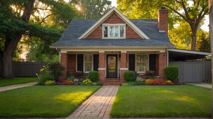 Small old brick house with entrance porch and front yard lawn and flower beds, with morning sunlight from Generative AI