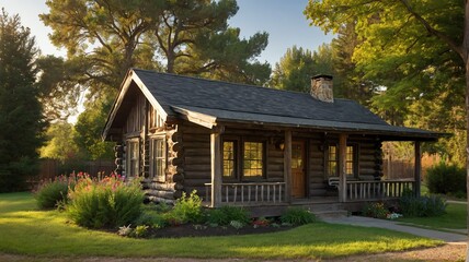 Small old cabin house with entrance porch and front yard lawn and flower beds, with morning sunlight from Generative AI
