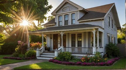 Fototapeta na wymiar Small old colonial house with entrance porch and front yard lawn and flower beds, with morning sunlight from Generative AI