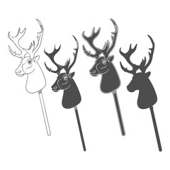 Set of black and white illustrations with hobby horse deer toy on stick. Isolated vector objects on white background. - 739302875
