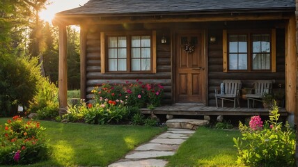 Small old cabin house with entrance porch and front yard lawn and flower beds, with morning sunlight from Generative AI