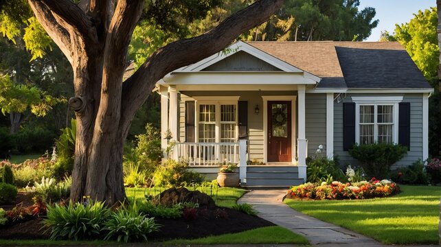 Small old colonial house with entrance porch and front yard lawn and flower beds, with morning sunlight from Generative AI