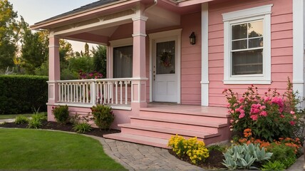 Small old pink theme house with entrance porch and front yard lawn and flower beds, with morning sunlight from Generative AI
