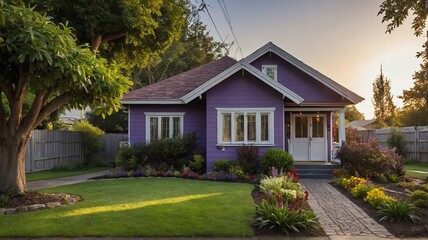 Small old purple theme house with entrance porch and front yard lawn and flower beds, with morning sunlight from Generative AI