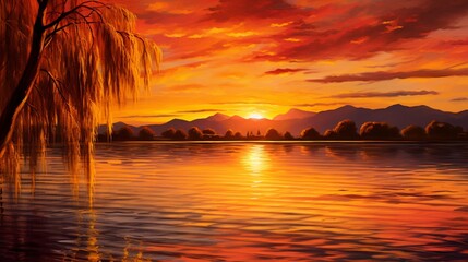 A golden sunset casting warm hues over a tranquil lake, surrounded by weeping willows and reflecting the silhouette of distant mountains.