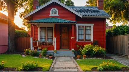 Fototapeta premium Small old red theme house with entrance porch and front yard lawn and flower beds, with morning sunlight from Generative AI
