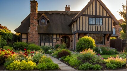 Fototapeta na wymiar Small old tudor house with entrance porch and front yard lawn and flower beds, with morning sunlight from Generative AI