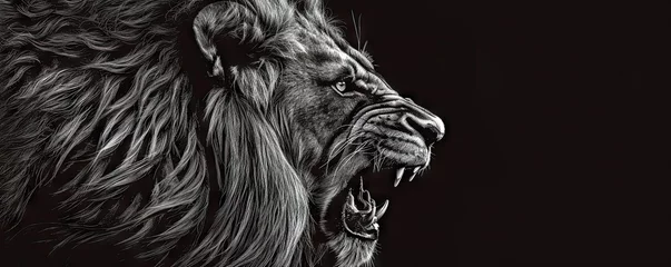 Gordijnen Aggressive lion head detail in black and white color. © Filip