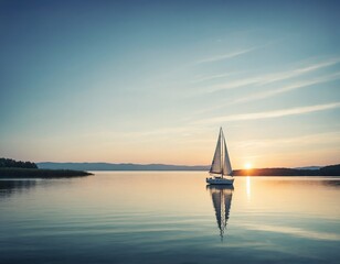 minimalistic photograph of a sailboat with its sails up on a calm lake at summer sunrise,