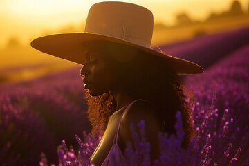 Woman in fedora hat standing in field of purple flowers under sunny sky - obrazy, fototapety, plakaty