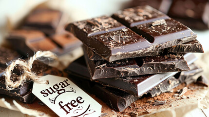 Piled dark chocolate bars with "sugar free" tag in the foreground, suggesting a focus on healthy indulgence