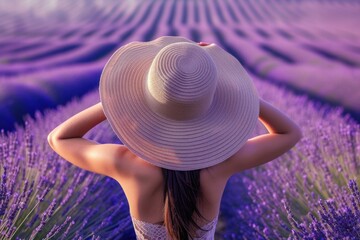 a woman wearing a hat is standing in a lavender field