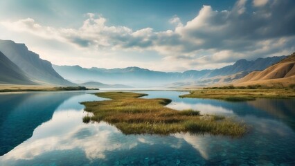 Fototapeta premium Explore a vast and diverse open world landscape of diverse hills, towering mountains and breathtaking lakes