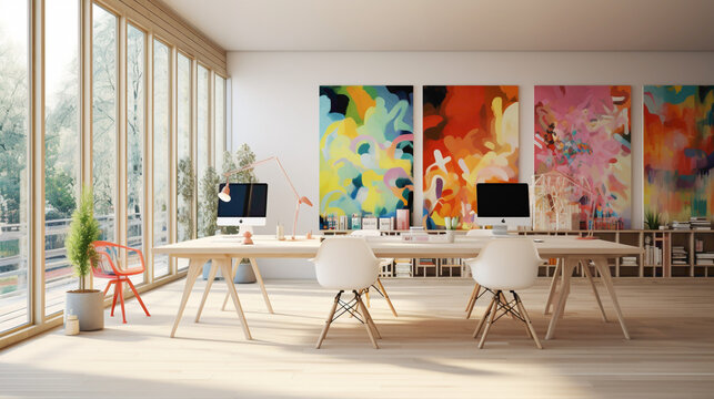 A minimalistic office with light wood floors, white workstations, and colorful wall art.