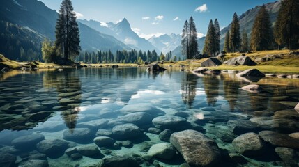 A tranquil mountain lake, crystal clear waters reflecting the towering peaks, a gentle mist rising f