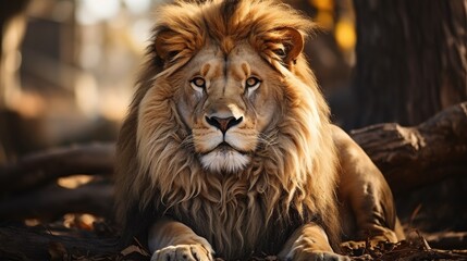 Obraz premium A majestic lion resting in a zoo habitat, focus on the lion and naturalistic enclosure, symbolizing
