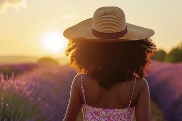 a woman wearing a hat is walking through a lavender field at sunset