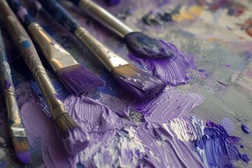 Obraz premium A collection of brushes set on a palette with shimmering violet paint