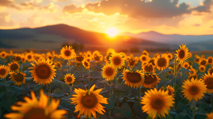A vibrant sunflower field, with towering mountains as the background, during a golden sunset