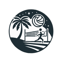 Black and white volleyball icon in summer with stickman playing volleyball.