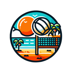 colourful summer volleyball icon with a ball, net and the sea. AI generated. 