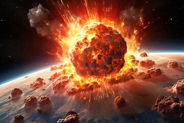 Massive nuclear bomb explosion at Earth surface. World war 3 concept. View from the space - 739305081