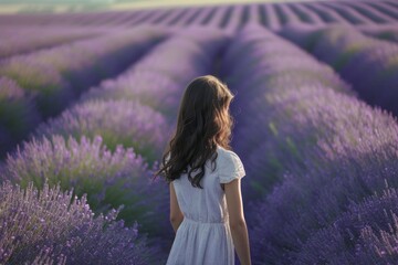 a woman in a white dress is standing in a lavender field