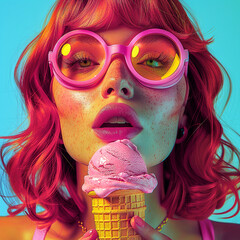 Wow female face. Sexy surprised girl red hair in sunglasses with open mouth holding bright ice...