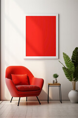 A mockup of a colorful office interior with a sleek white desk, a vibrant red chair, and minimalist wall decor.