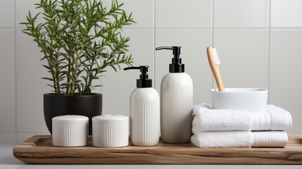 Fototapeta na wymiar A stylish collection of bathroom accessories, such as dispensers, toothbrushes, and jars, on a pure