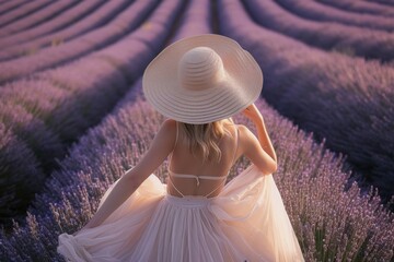 a woman in a white dress and hat is sitting in a lavender field